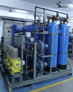 Pristine Water’s Electrochlorination system skid with water softener, chiller, pumps, and piping for industrial water disinfection