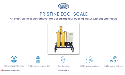 The best way to prevent scale buildup and prevent microorganisms in cooling tower components: Pristine Water’s Pristine Eco-Scale, an innovative solution using electrolysis to eliminate the need for chemical treatments by removing calcium carbonate and magnesium carbonate from the water.