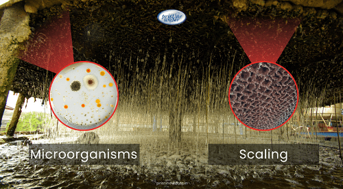 A cooling tower affected by scaling and microorganisms. Pristine Eco-Scale, the ideal solution to address these issues.